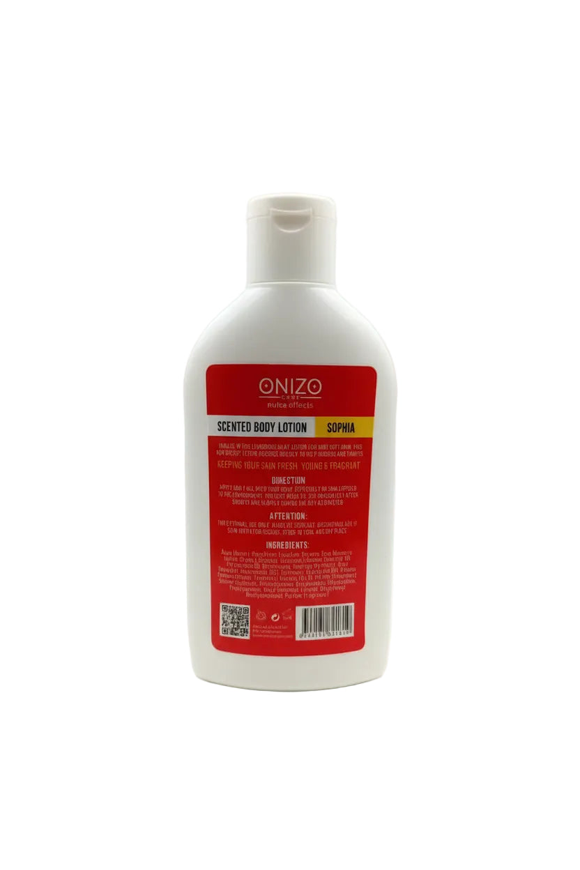 Lotion bottle with red label on a white background