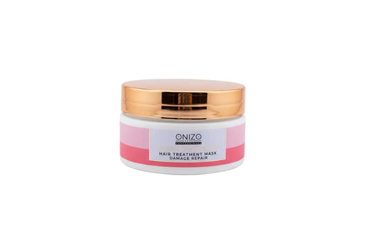 Onizo hair treatment mask jar with gold lid on a white background