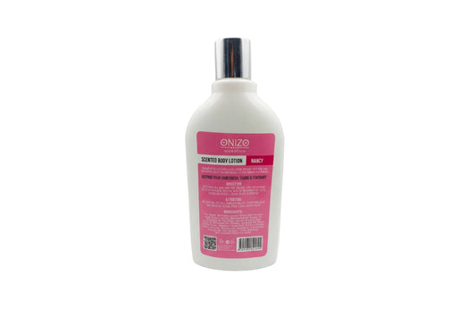 Onizo scented body lotion bottle with pink label on a gray background