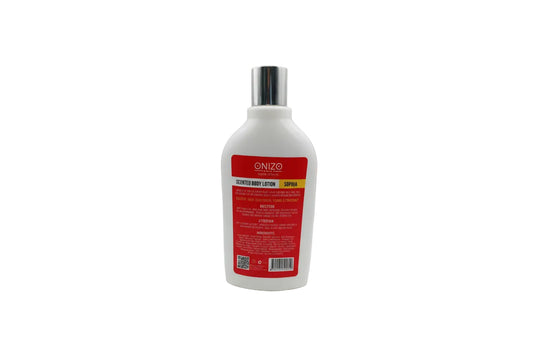 Onizo body lotion bottle with red label on a white background