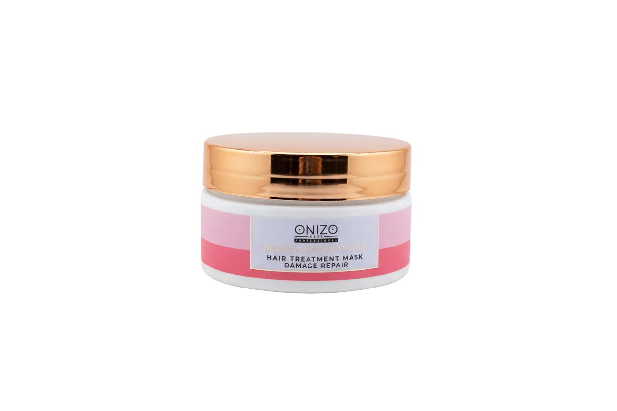 Onizo hair treatment mask jar with gold lid on a white background