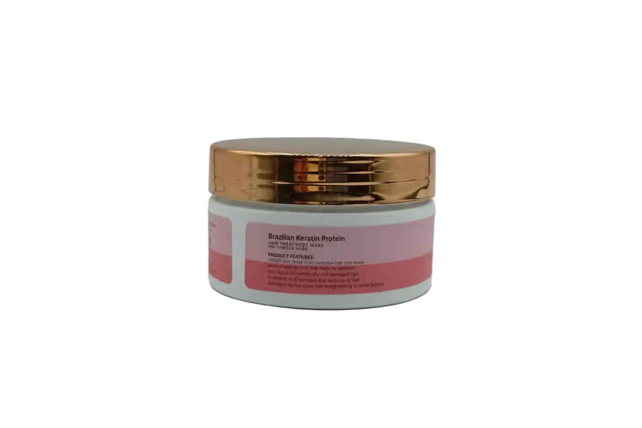 Jar of Brazilian Keratin Protein hair treatment mask with gold lid on a white background