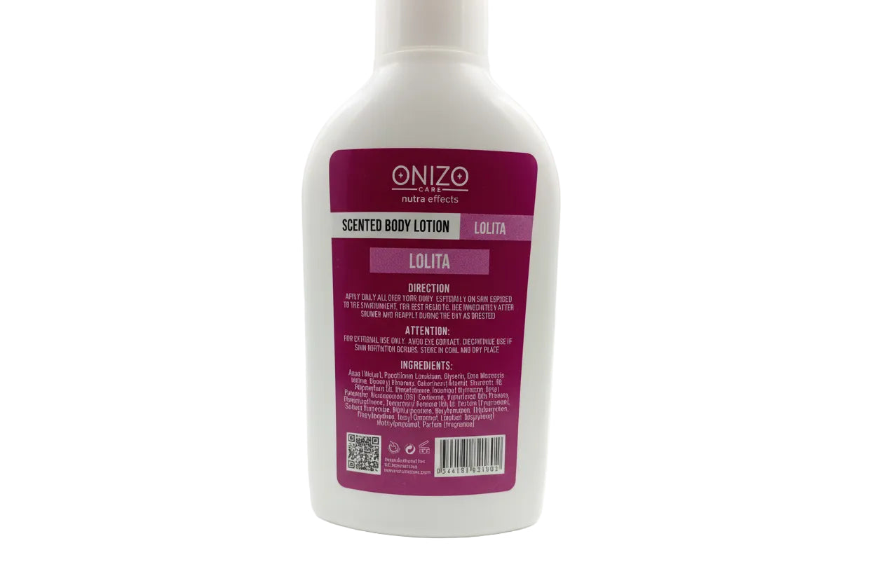 Onizo scented body lotion bottle with purple label on a white background