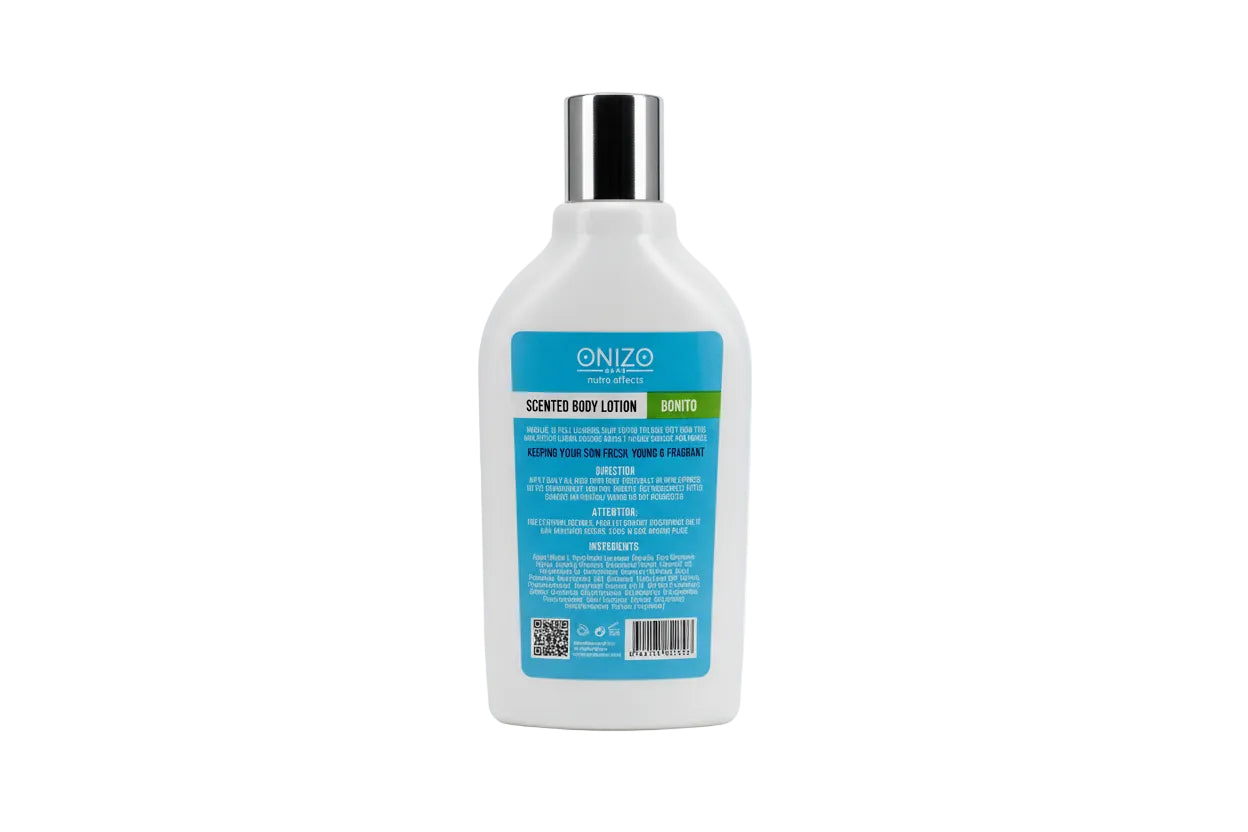 Onizo scented body lotion bottle on a gray background