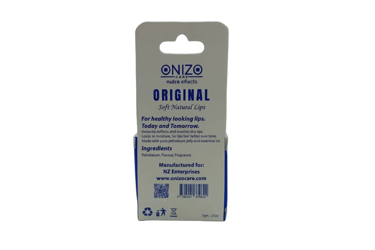 Onizo Care lip balm packaging with blue and white design on a gray background