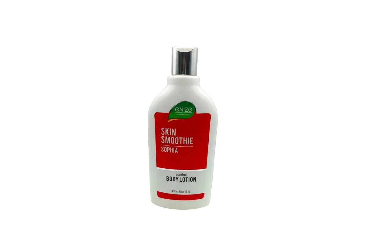 Body lotion bottle with a red label on a white background