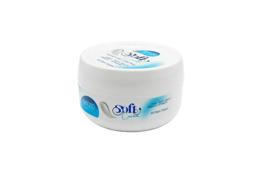 White jar of Softly lotion with blue label on a white background