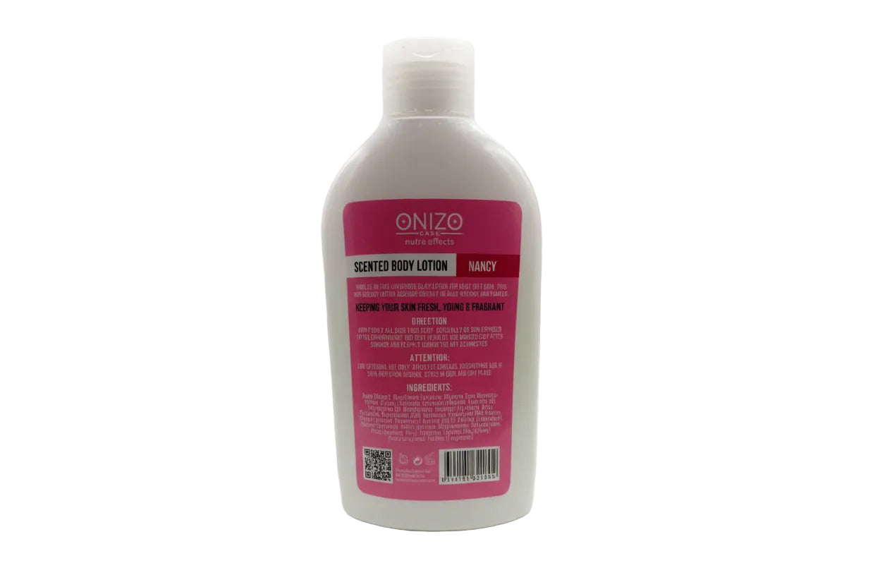 Onizo scented body lotion bottle with label on a white background