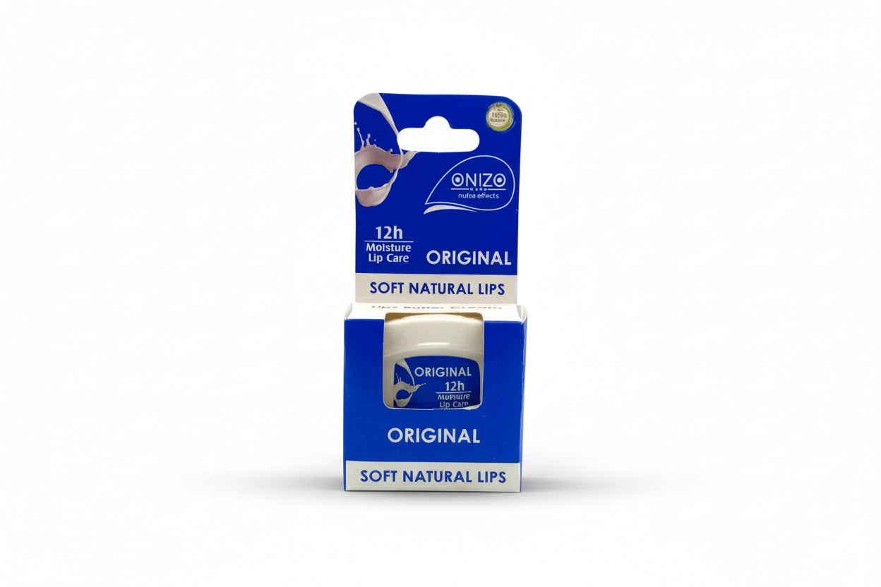 Onizo lip balm packaging with blue and white design on a white background